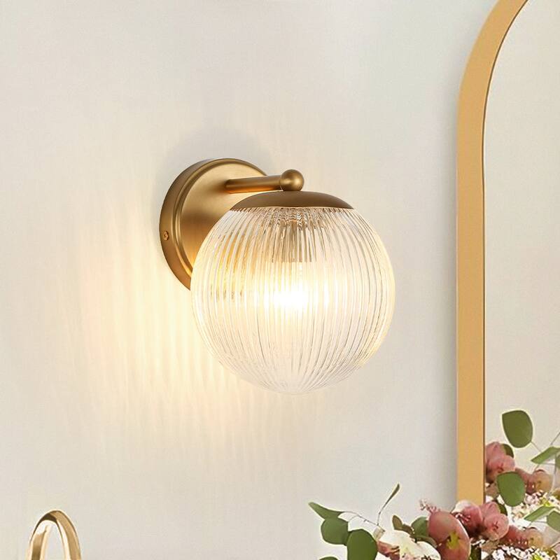 1-Light Sleek Modern Ribbed Glass Single Globe Wall Sconce - 6.3 in