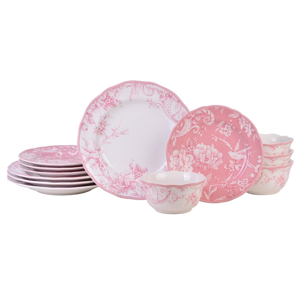 222 Fifth Adelaide Blush 12-Piece Pink Porcelain Dinnerware Set - Service for 4, White with Pink Floral Pattern