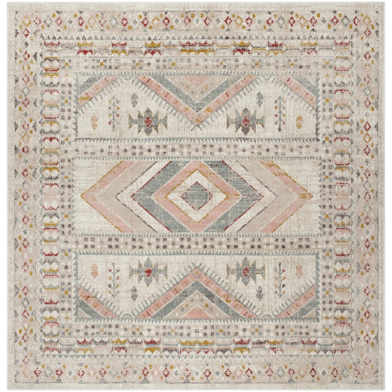 Livabliss Ankara Updated Traditional Tribal Area Rug - 6'7" x 6'7" Square - Pink/Beige