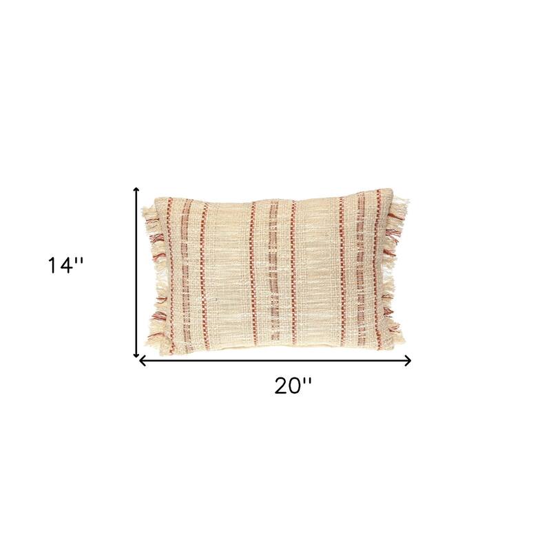 HomeRoots 14" X 20" Beige and Pink Striped Cotton Throw Pillow With Fringe
