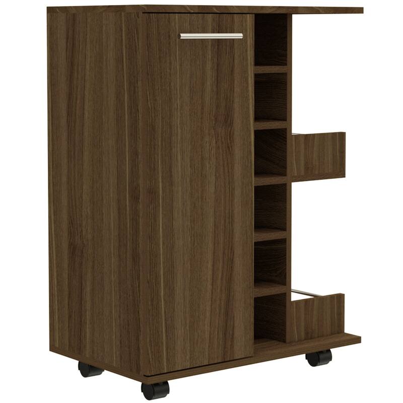 TUHOME Bar Cart, Two External Shelves, Four Casters, Six Built-in Wine Rack and Single Door Cabinet - 23" W x14"D x 32"H - Walnut