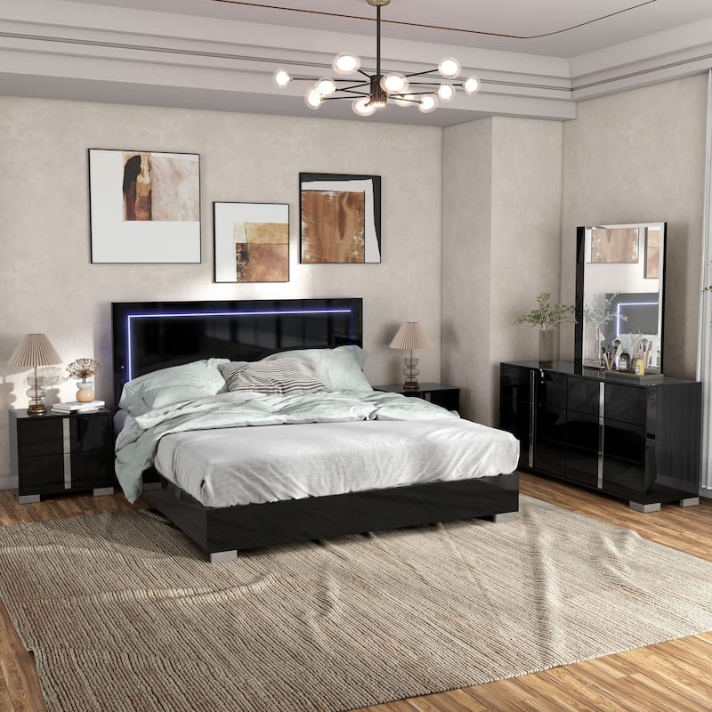 Furniture of America Erina Modern Glossy 5-Piece Panel Bedroom Set - Black - Queen