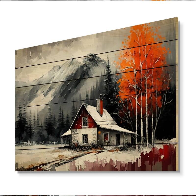Designart 'Cabin In The Woods In Winter VI' Lake House Cottage Wood ...