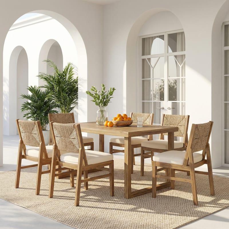Christopher Knight Home - 7-Piece Outdoor Acacia Wood Dining Set with Handwoven Cushioned Chairs & Rectangular Slatted Table - Cream+Sandblast+Teak Finish