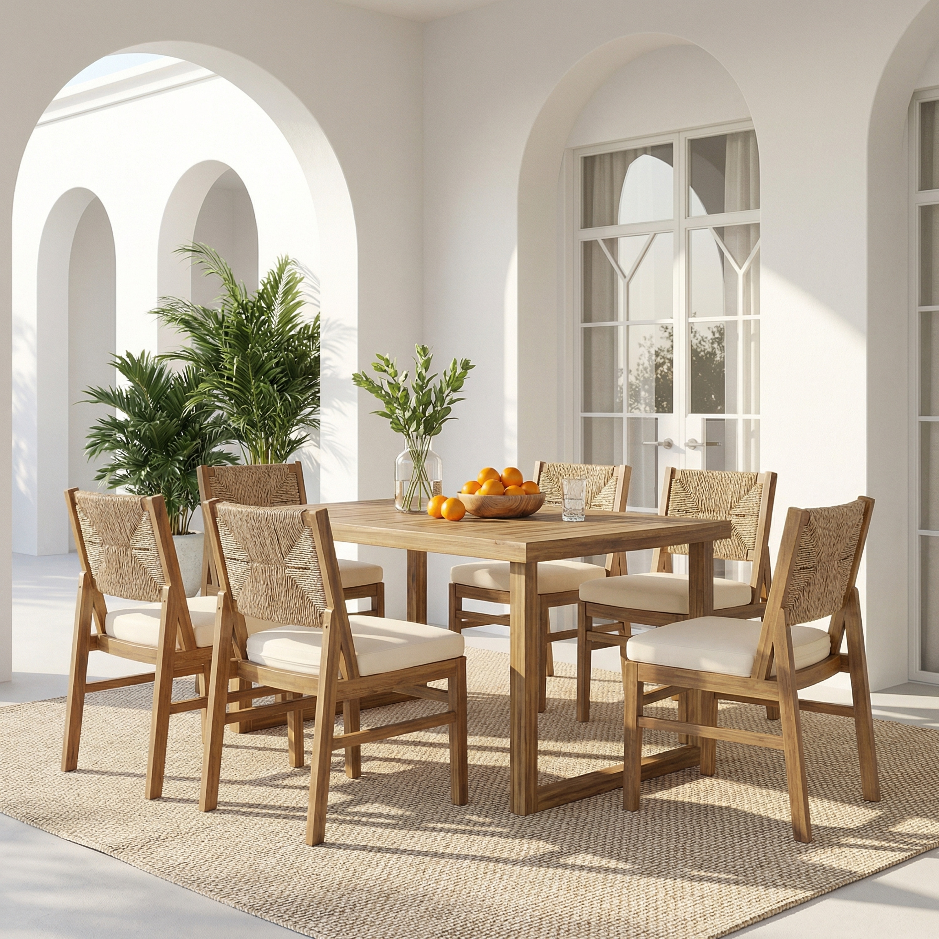 Christopher Knight Home - 7-Piece Outdoor Acacia Wood Dining Set with Handwoven Cushioned Chairs & Rectangular Slatted Table