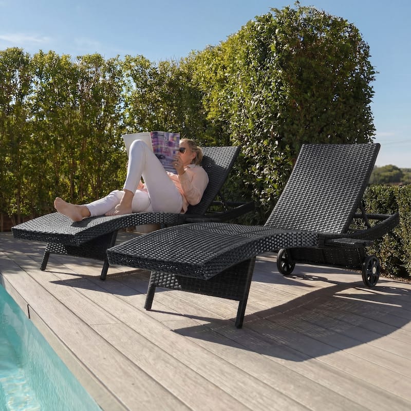 80"Patio Chaise Lounge Chairs Set of 2, Rattan Reclining Chair w/Rolling Wheels & Pull-out Side Table, Adjustable Backrest