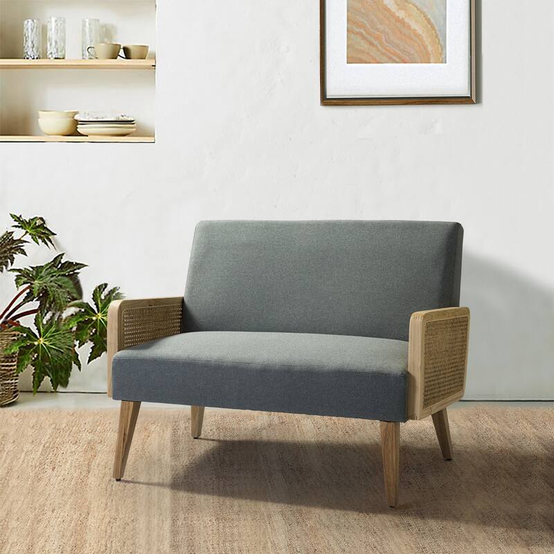 Sybil 43" Contemporary Solid Wood Upholstered Handcrafted Loveseat with Rattan Arms by HULALA HOME - BLUE