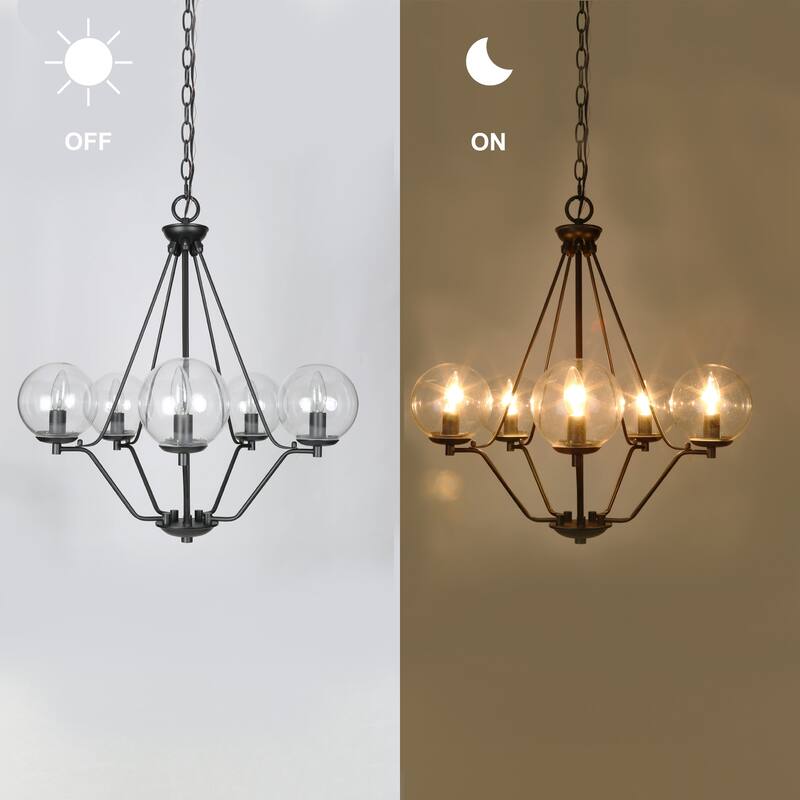 Raretta Modern Black 5-Light Globe Glass Wagon Wheel Chandelier for Dining Room - 22'' L x 22'' W x 24'' H