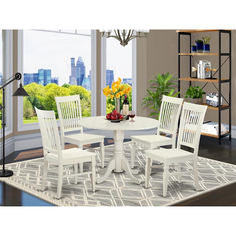 East West Furniture 5 Piece Dinette Set- a Round Dining Table with Dropleaf and 4 Dining Room Chairs, (Finish Options) - DLWE5-WHI-W