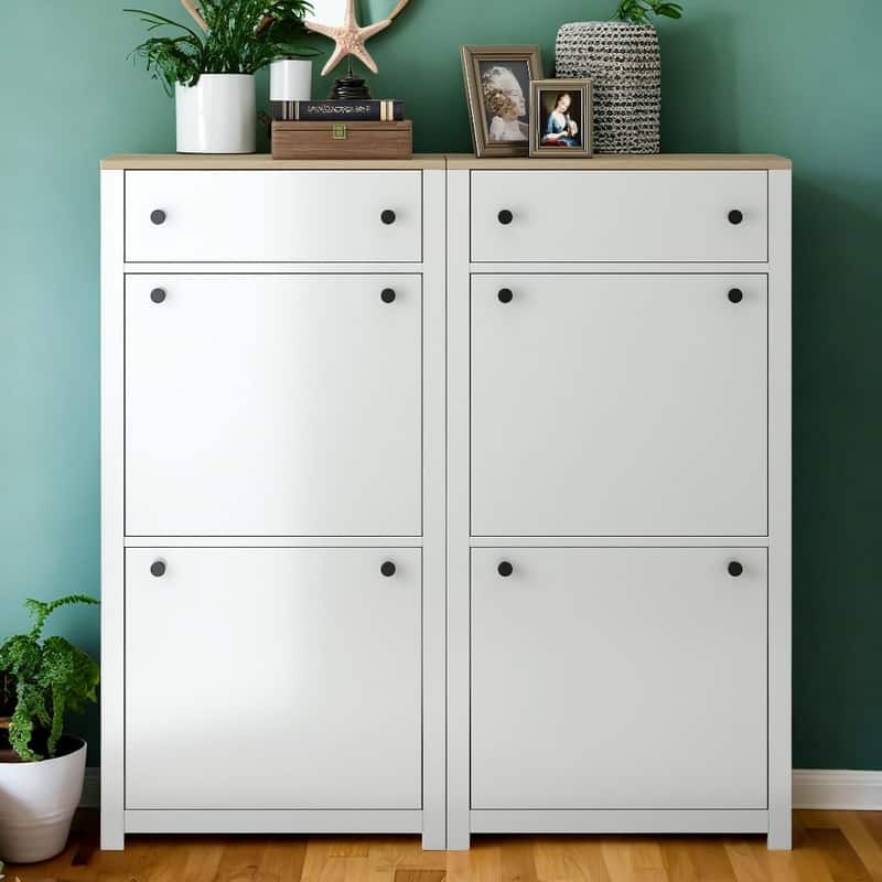 Slim Shoe Wood Shoe Storage Solution with 4 Flip Drawers