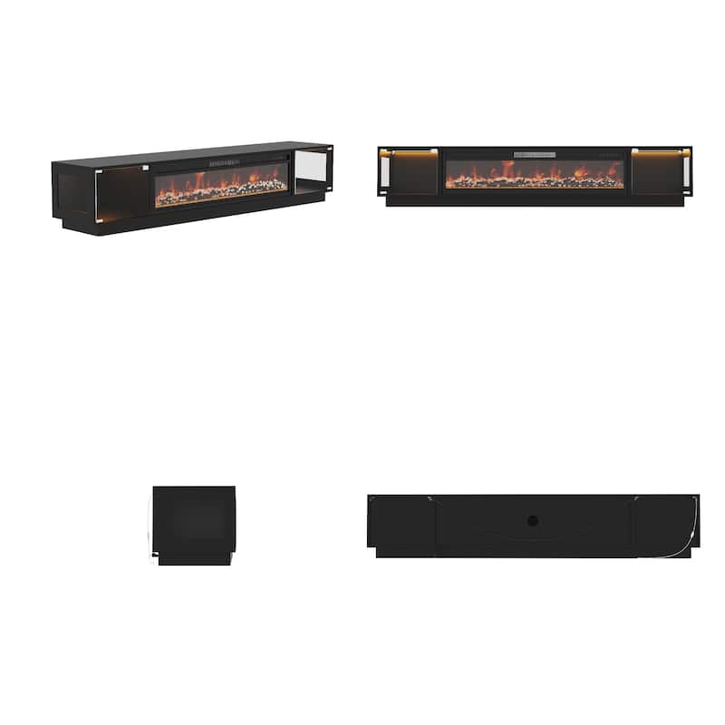 Modern Black Fireplace TV Stand Combo,Remote Fireplace Heater,2 Drawers,Light Strip & USB