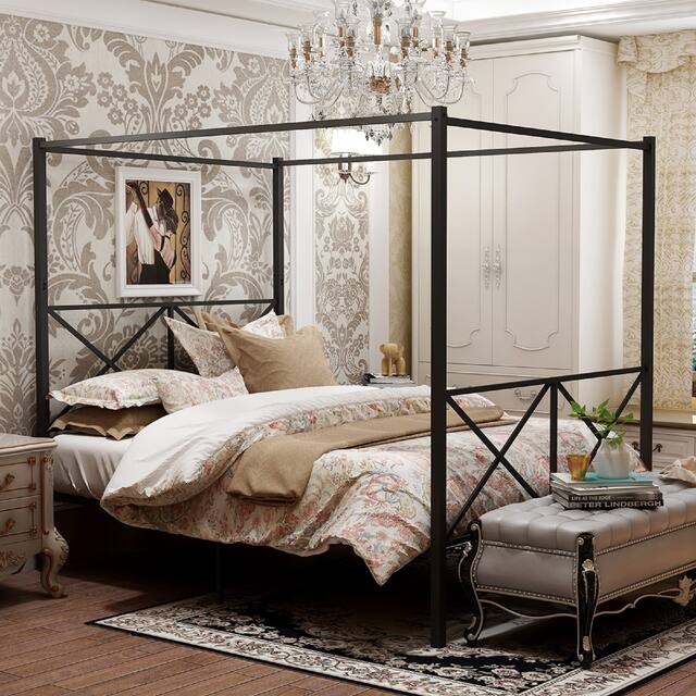Iron traditional canopy bed frame black - Black - Queen