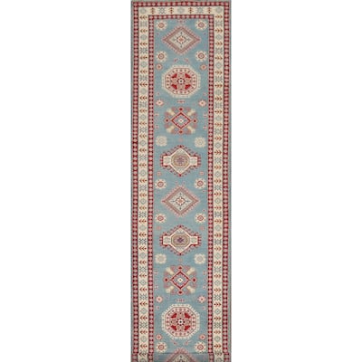 Light Blue Kazak Runner Rug Hallway Hand-Knotted Wool Carpet - 2'10" x 15'2"