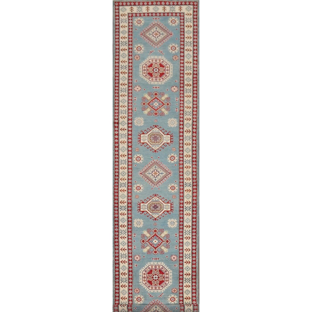 Light Blue Kazak Runner Rug Hallway Hand-Knotted Wool Carpet - 2'10" x 15'2"