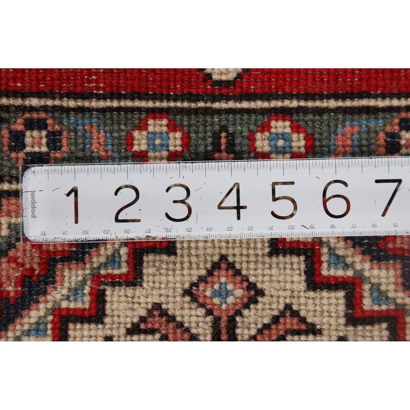 Geometric Kazak Oriental Runner Rug Hand-Knotted Red Wool Carpet - 2'8" x 9'7"