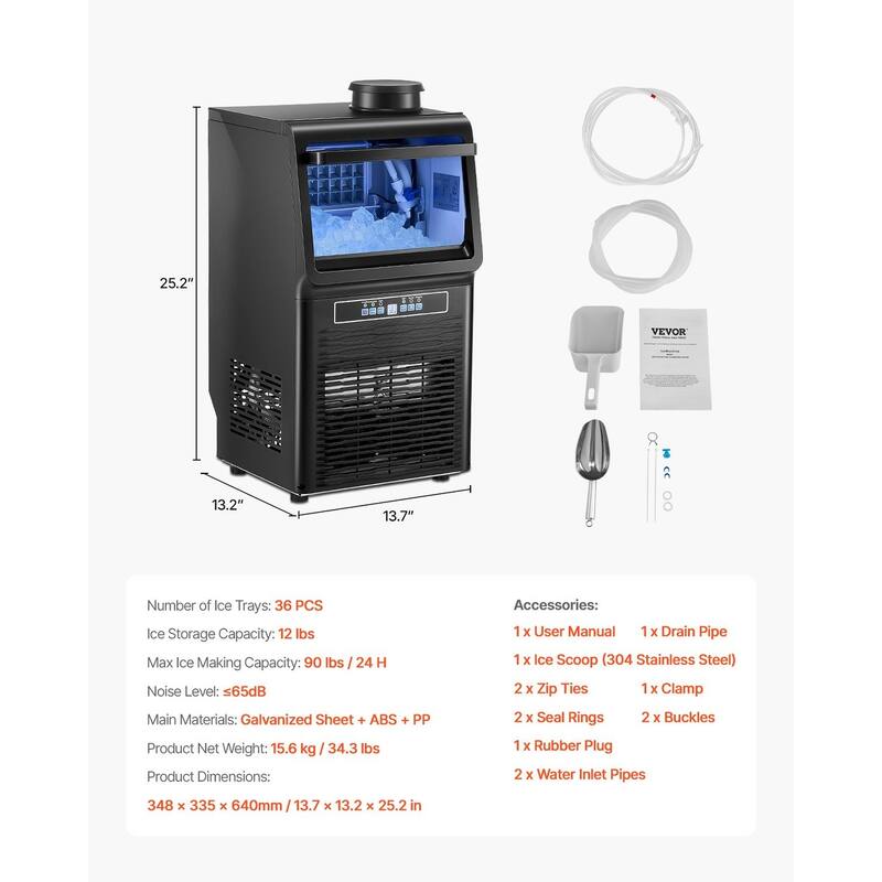Black Stainless Steel Commercial Ice Maker with 36 Trays, Dual Water Inlets and Self Cleaning - 13.7 x 13.2 x 25.2 in