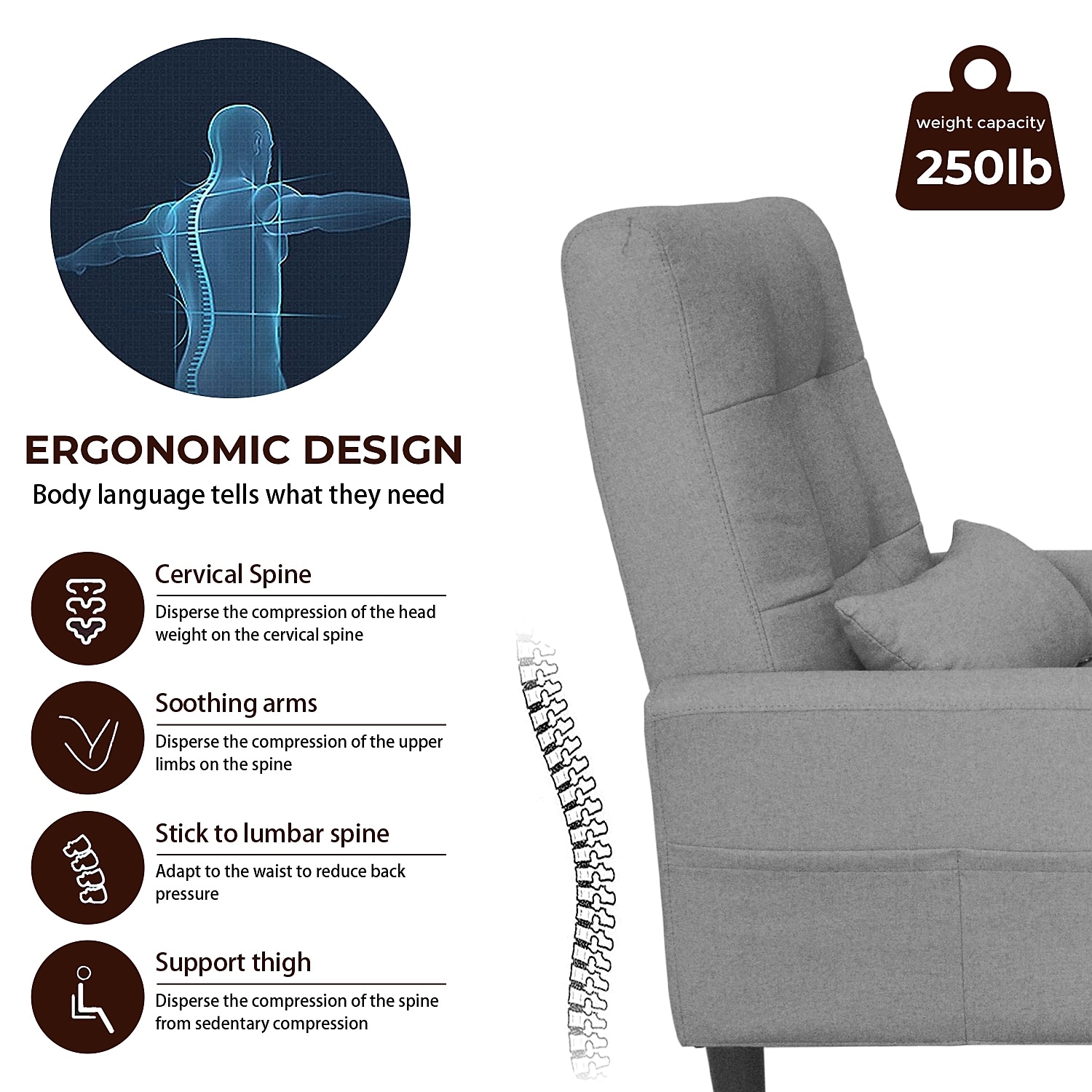 Recliner Chair with Ottoman, lumbar pillow and Side Pocket, Fabric