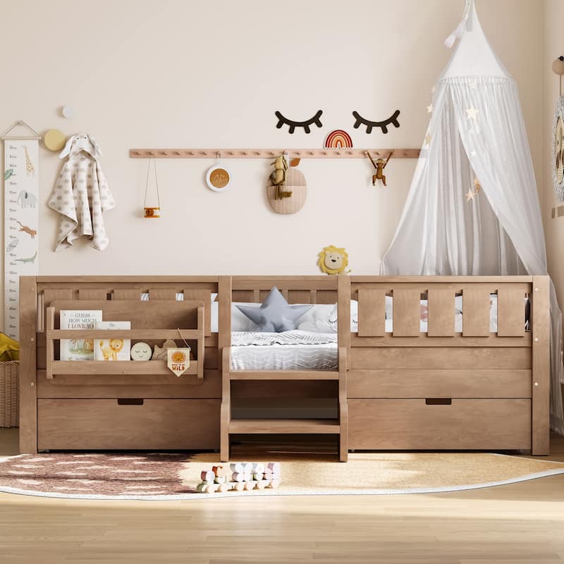 Multiple Colors Toddler Montessori Bed Children's Platform Bed with Low Profile Stairs, Built-in Bookshelf and Storage Drawers