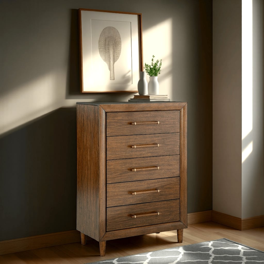 Jeyn Tall Dresser Chest, 5 Drawers, Traditional Dark Brown Solid Wood