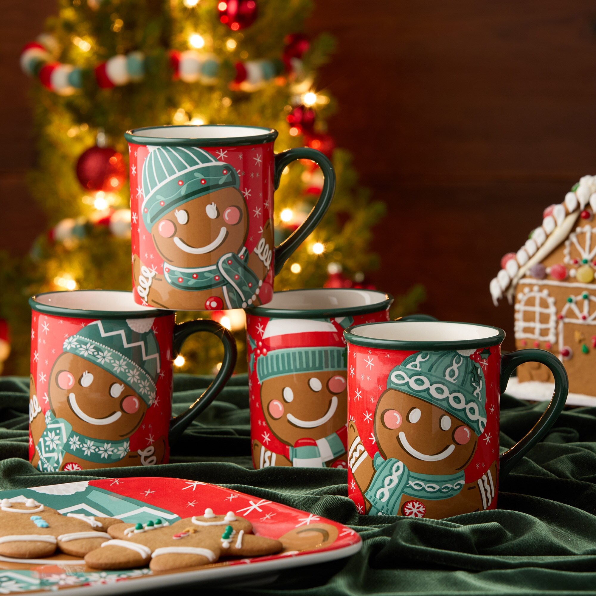 Certified International Christmas Whimsy Gingerbread Set of 4 Mugs