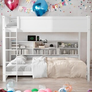 White Color Queen over Queen Bunks Platform Bed with Storage Cabinets and USB Ports