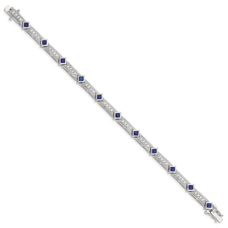 Curata 925 Sterling Silver Polished Open back Safety bar Box Catch Closure Blue and Clear CZ Cubic Zirconia Simulated Diamond
