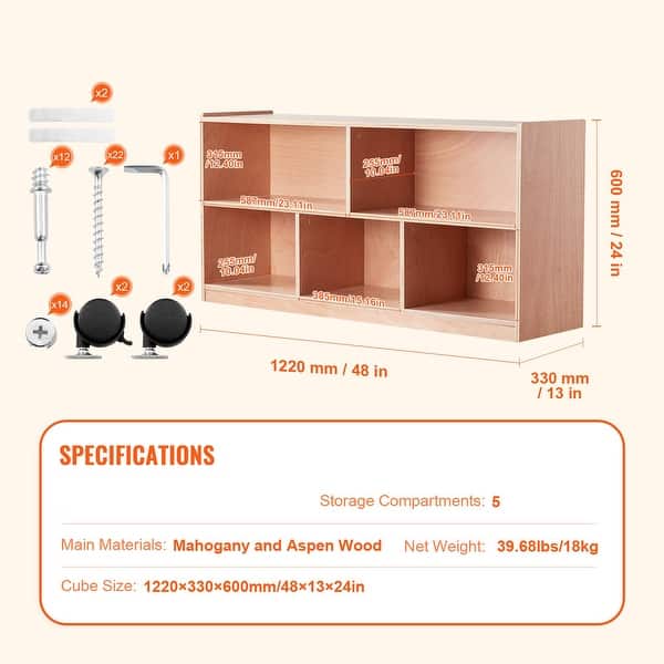 Natural Wooden 5-Compartment Cubby Storage Shelf Cabinet Perfect for Kids Room - 48” × 13” × 24”
