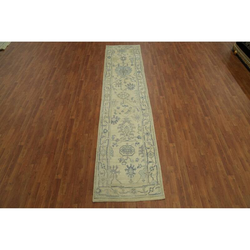 Vegetable Dye Wool Oushak Turkish Runner Rug, Floral Geometric Carpet - 12' 1'' X 2' 9''