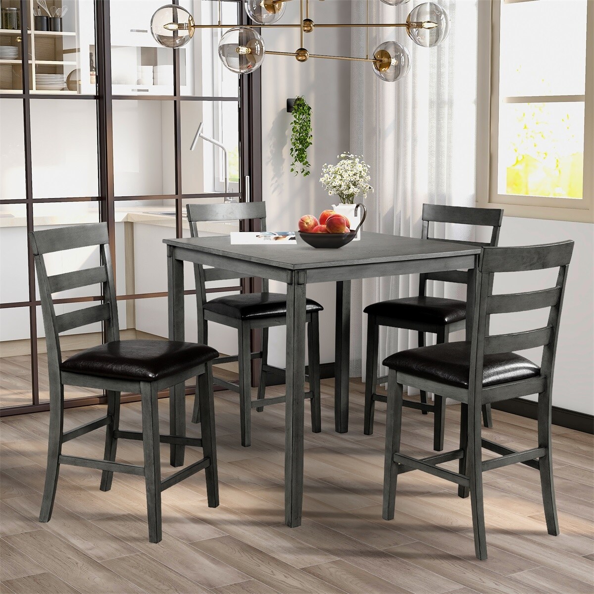 Antique Brown Merax 5 Piece Dining Table Set Wood Counter Height Dining Set Square Kitchen Table With 2 Tier Storage Shelving And 4 Padded Chairs Kitchen Dining Room Furniture Home Kitchen