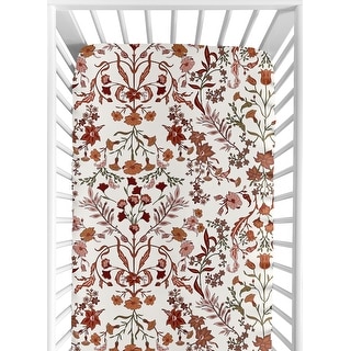 Sweet Jojo Designs Ivory and Orange Boho Vintage Floral Girl Fitted Crib Sheet Bohemian Rust Daisy Botanical Flower Green Fringe