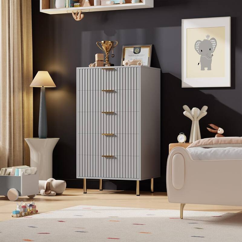 Fluted 5 Drawer Storage Dresser, Tall Chest with Deep Drawers and Wide Top, Wooden Organizer for Living Room