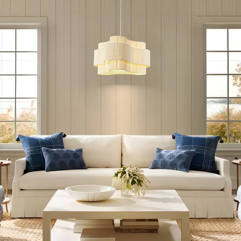 1-Light Bohemian Coastal Hand-Woven Off-White Cotton Thread Drum Chandelier for Bedroom, Porch