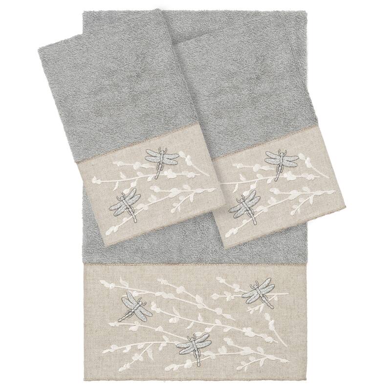 Authentic Hotel and Spa 100% Turkish Cotton Braelyn 3PC Embellished Towel Set - Light Gray