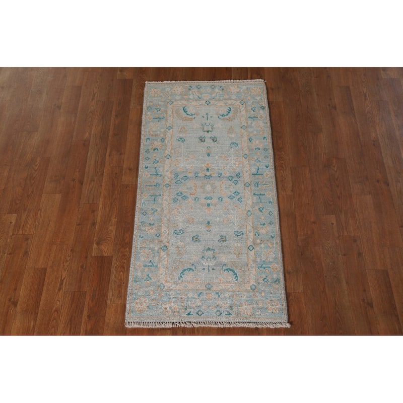 Light Blue Oushak Vegetable Dye Accent Rug Handmade Wool Carpet - 1'11"x 4'0"