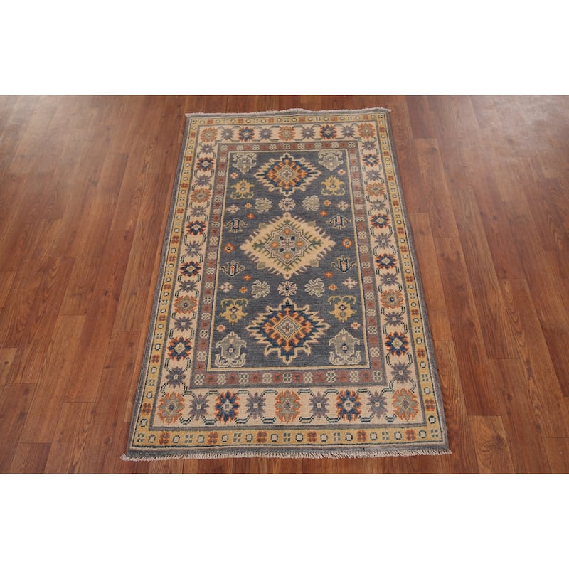 Gray Geometric Kazak Accent Rug Handmade Oriental Wool Carpet - 2'7" x 4'1"