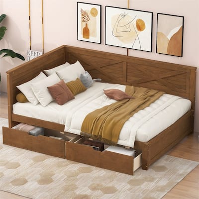 Twin Size Daybed with 2 Storage Drawers and Rustic Guardrail, Solid Wood Daybed Frame Sofa Bed with L-Shaped Headboard
