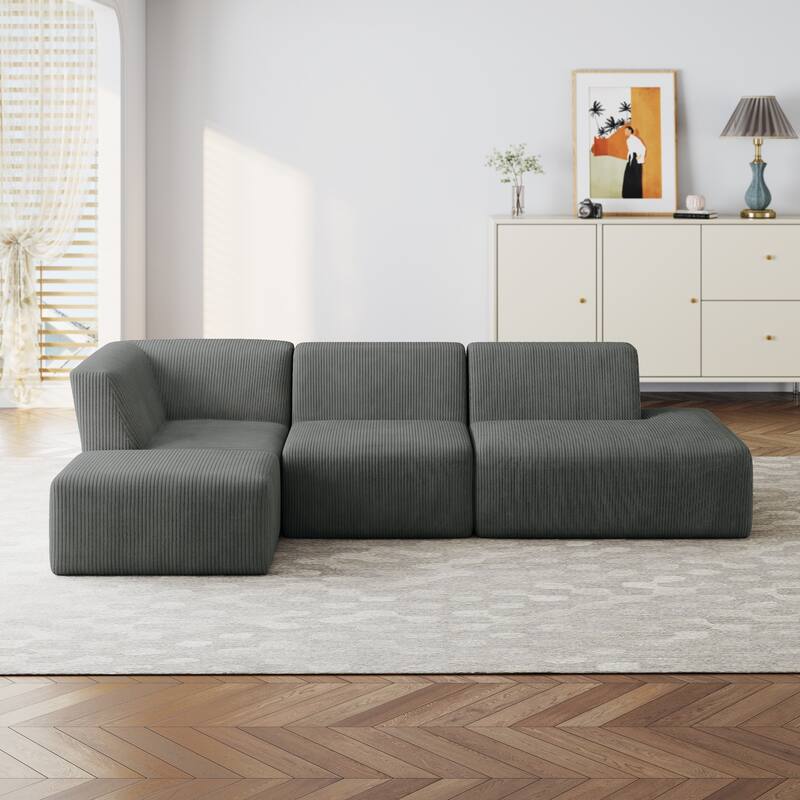 Modular All-Foam Corduroy Compression Sofa With Ottoman - Grey-4 Piece - Left Facing