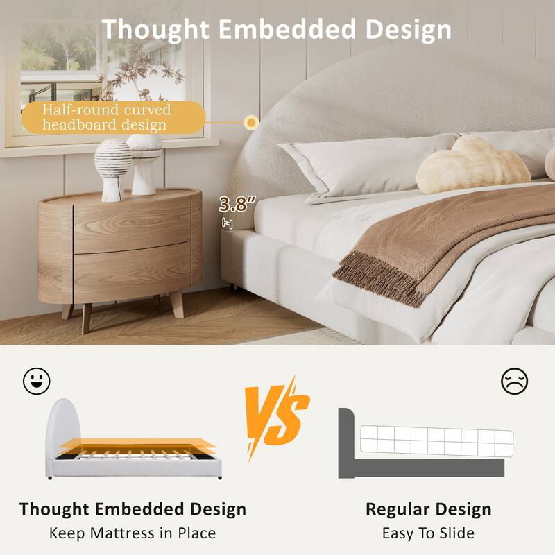 Luxury Boucle Upholstered Platform Bed with Round Curved Headboard, No Box Spring Needed