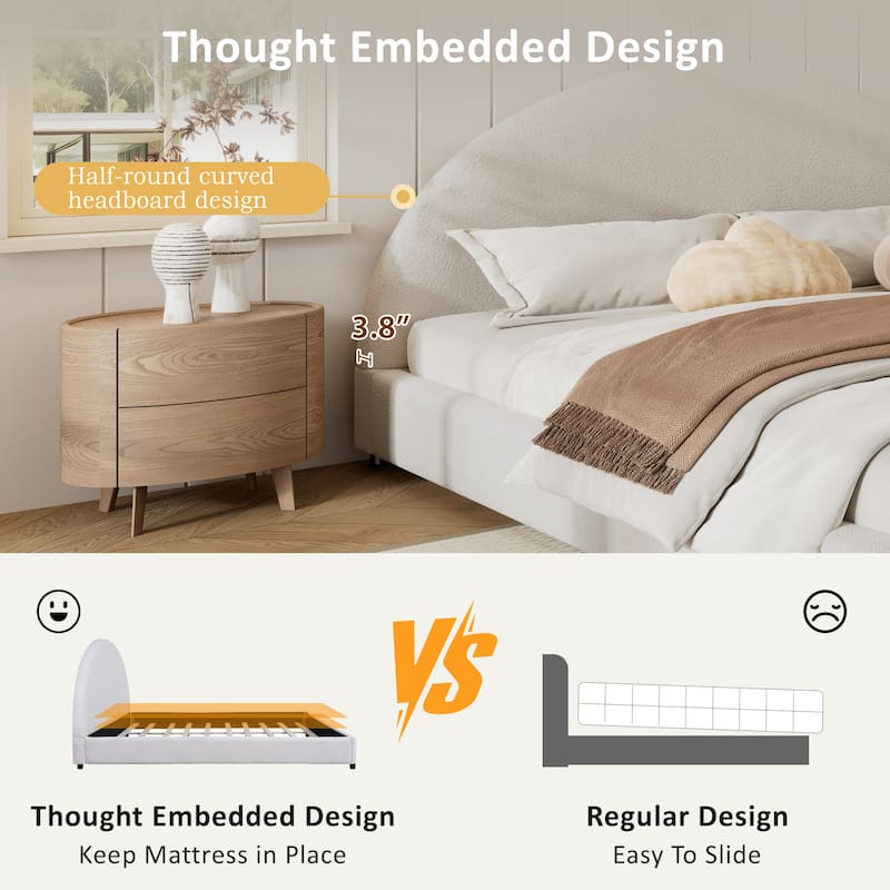 Upholstered Bed with Round Curved Headboard Wingback Bed, White Boucle Platform Bed Frame