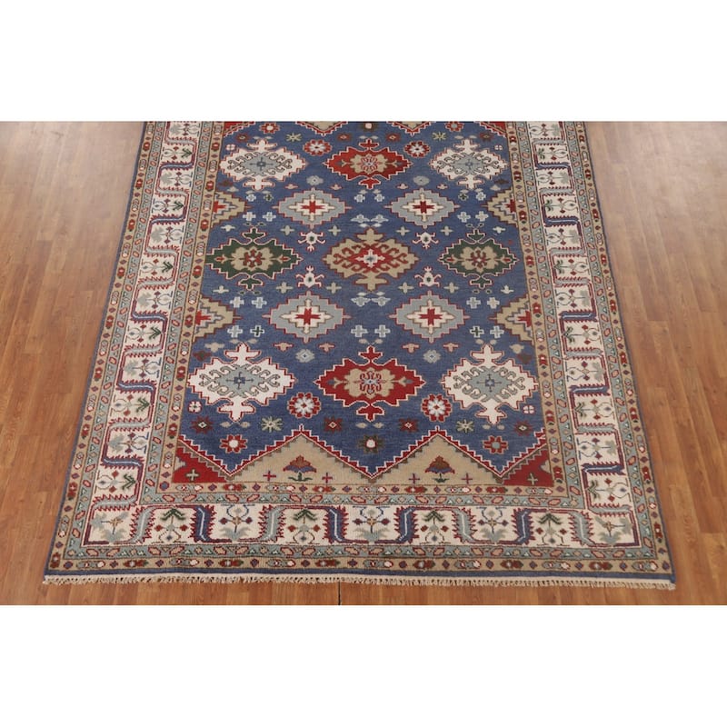 Blue Geometric Kazak Oriental Area Rug Handmade Wool Carpet - 7'10" x 9'9"