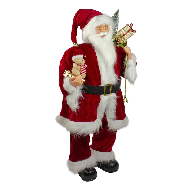 36" Red and White Santa Claus Christmas Figure with Teddy Bear and Gift Bag