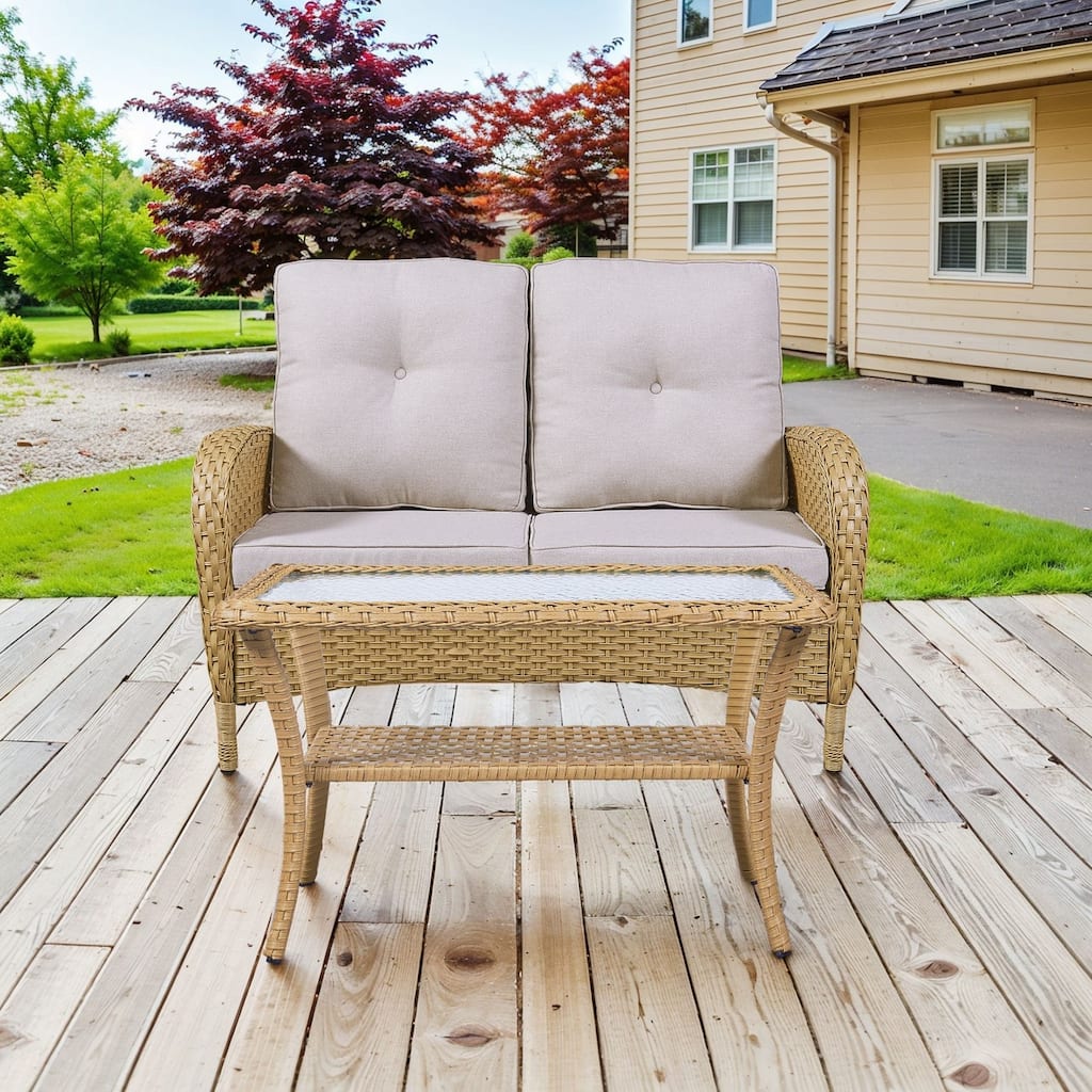 Outdoor Loveseat Sofa with Table Yellow- Beige - Yellow