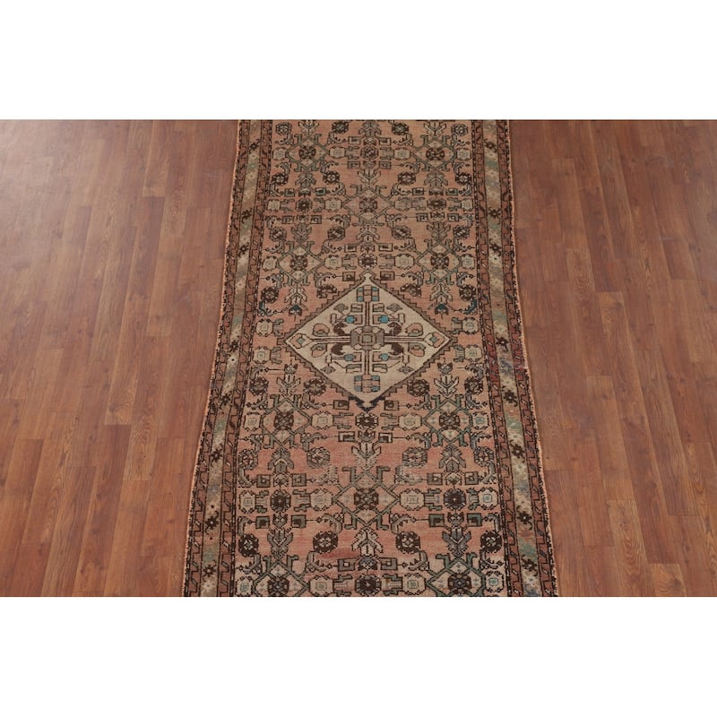 Distressed Hamedan Persian Vintage Runner Rug Handmade Wool Carpet - 3'4" x 9'8"