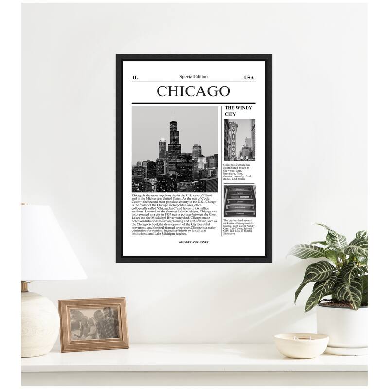 Kate and Laurel Chicago City Article by Megan Ryan Framed Canvas Wall Art Print