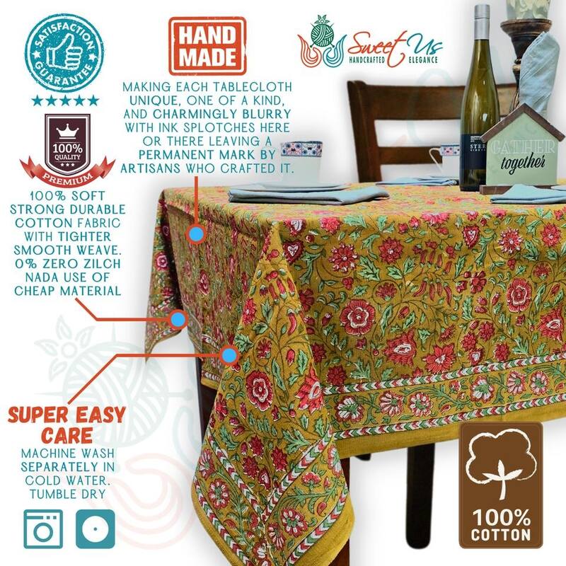 Sweet Us Amara Floral Cotton Block Print Tablecloth Rectangle