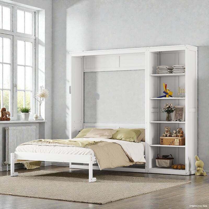 Queen Size Murphy Bed Wall Bed with Storage Shelves, Space-Saving Fold Down Bed Cabinet, MDF and Plywood Frame