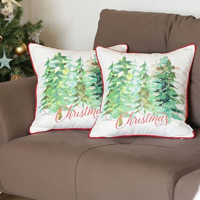 Christmas Trees Decorative Throw Pillow Square White & Green Set of 2