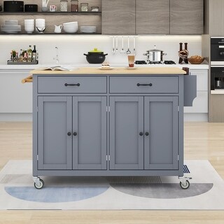 Kitchen Island Cart with Wood Top and Locking Wheels，4 Door Cabinet