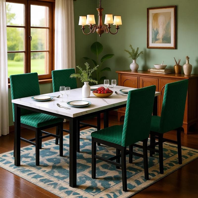 Grondin 5-Piece Dining Room Table Set with Faux Marble Table Top and Diamond Stitching Velvet Upholstery Dining Chairs - Green