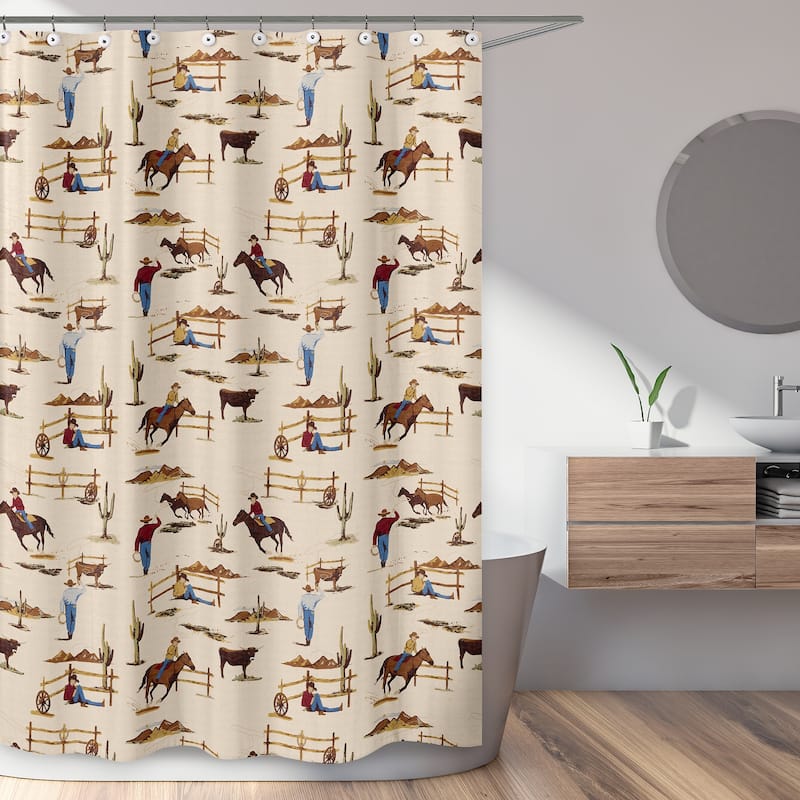 Sweet Jojo Designs Brown Western Cowboy Boy Bathroom Fabric Bath Shower Curtain Tan Wild West Southern Country Horse Cow Animal
